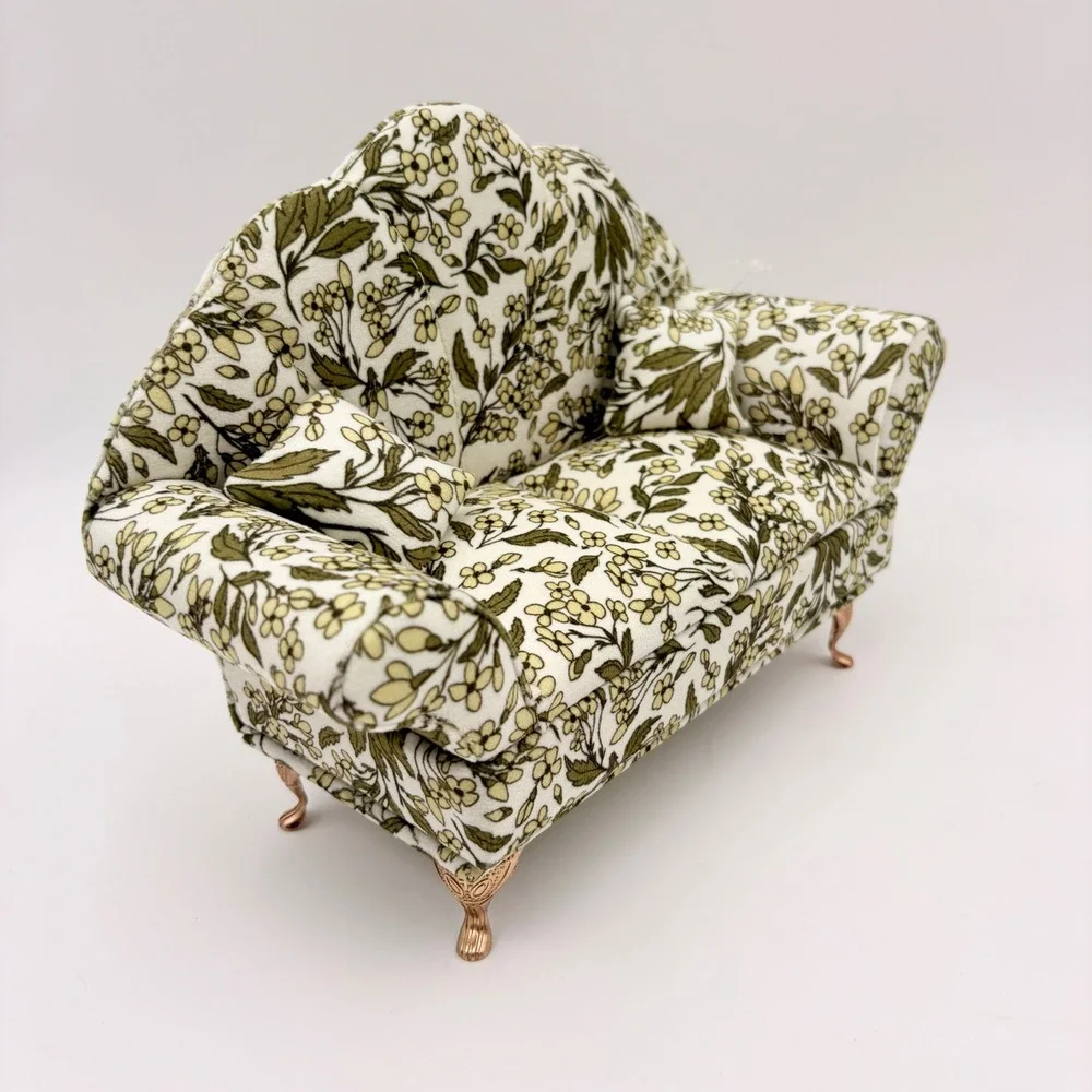 Miniature Floral Green Sofa Jewelry Box Mirror Ring Organizer Gold Legs Cream